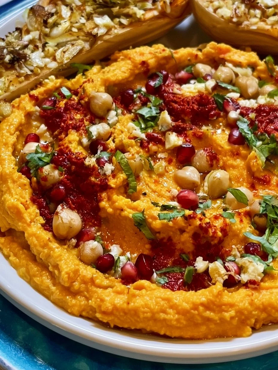 Roasted butternut squash harissa hummus served in a bowl with pita chips