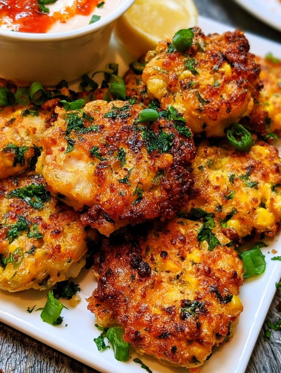 Shrimp and corn cakes served with Sriracha sauce on a plate