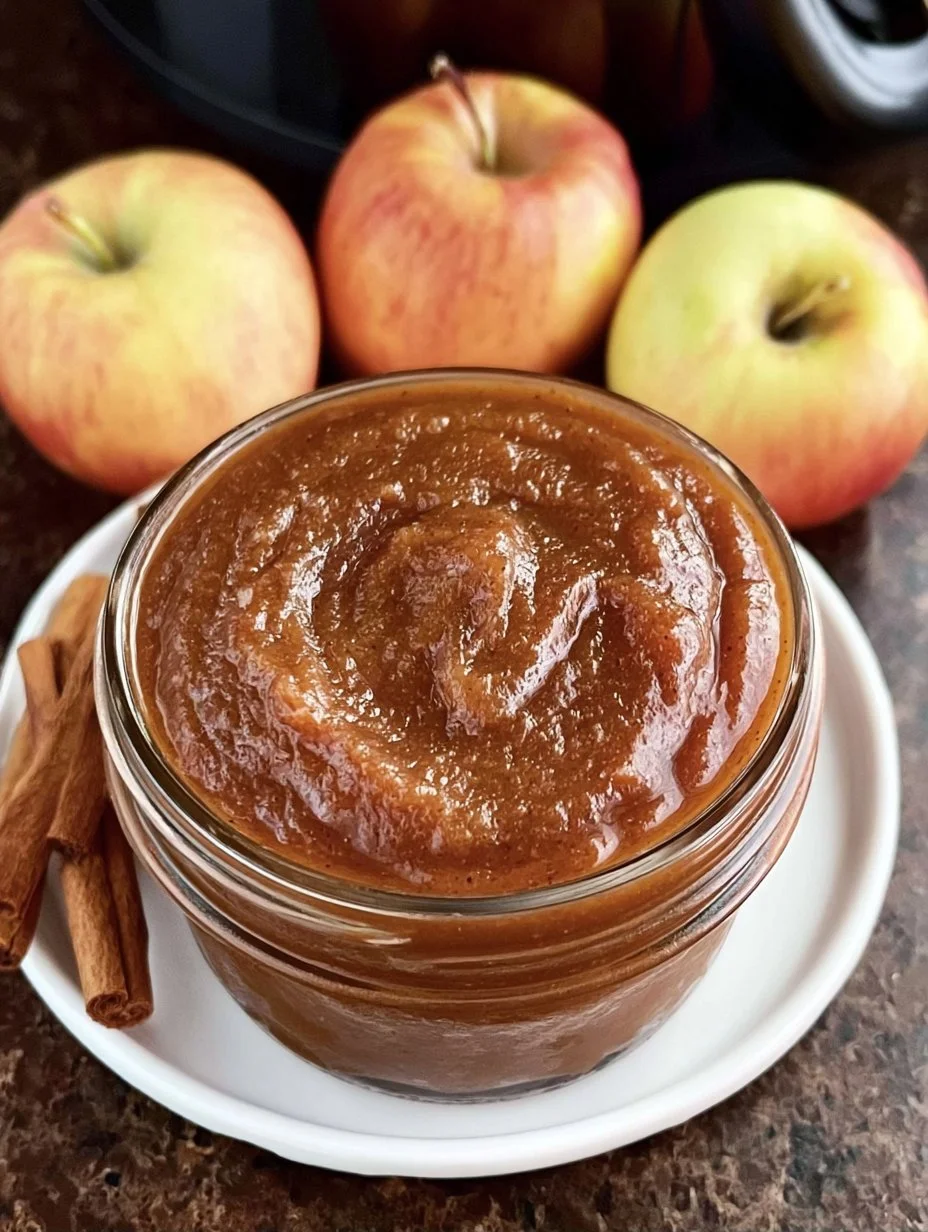 Homemade slow cooker apple butter in a jar with apples and cinnamon