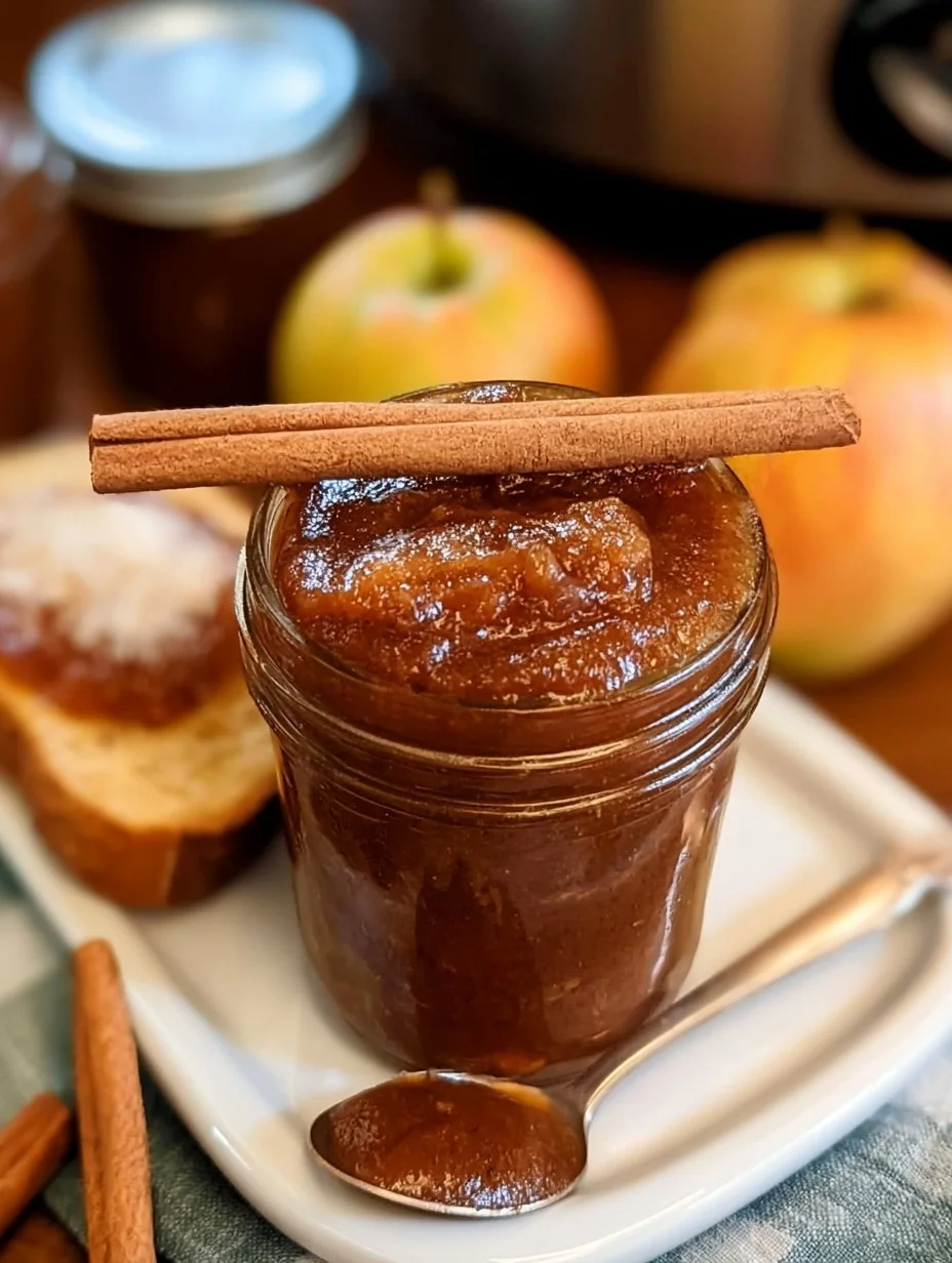 Delicious homemade slow cooker apple butter jar with fresh apples