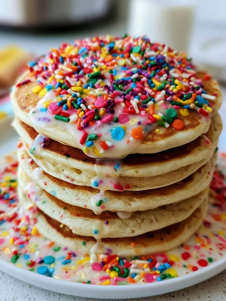 Delicious sprinkle pancakes stacked with colorful sprinkles