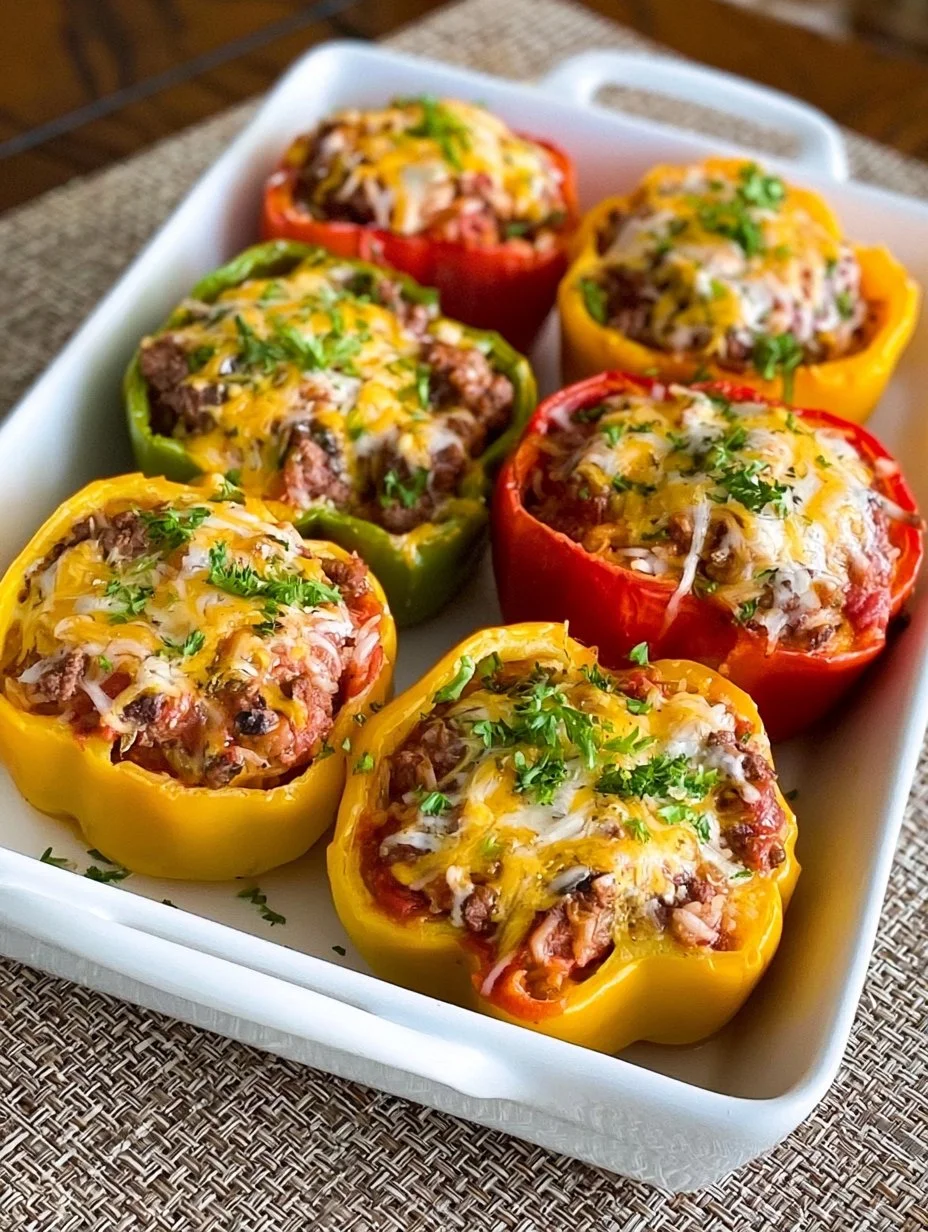 Colorful stuffed bell peppers filled with rice, meat, and vegetables.