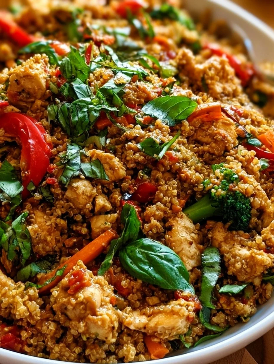 Thai Peanut Chicken served with quinoa and fresh basil on a plate