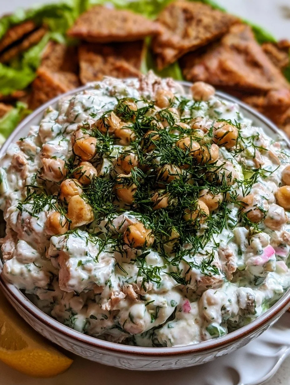 Tzatziki Chickpea Tuna Salad in a bowl with fresh vegetables and herbs