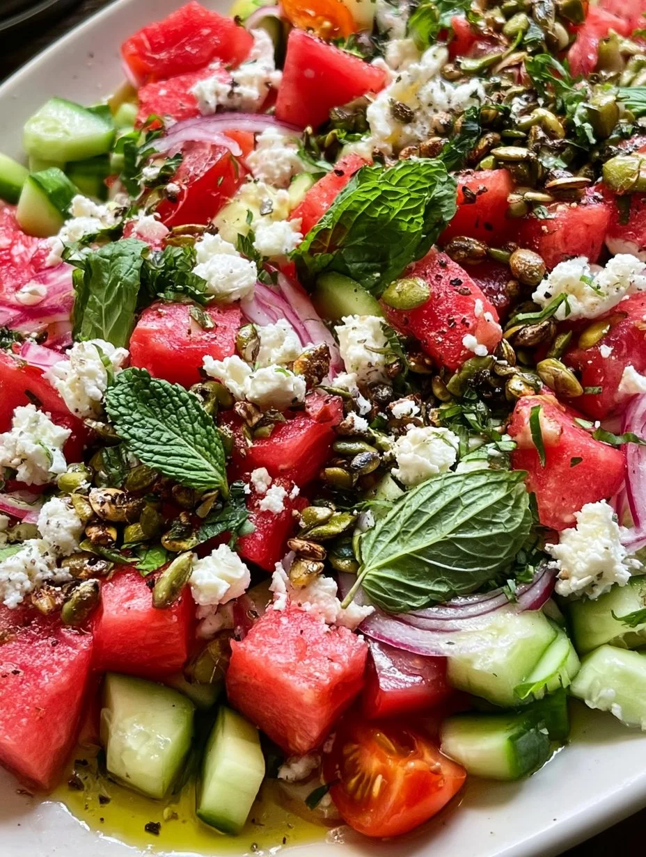Fresh watermelon cucumber salad with mint and feta cheese in a bowl