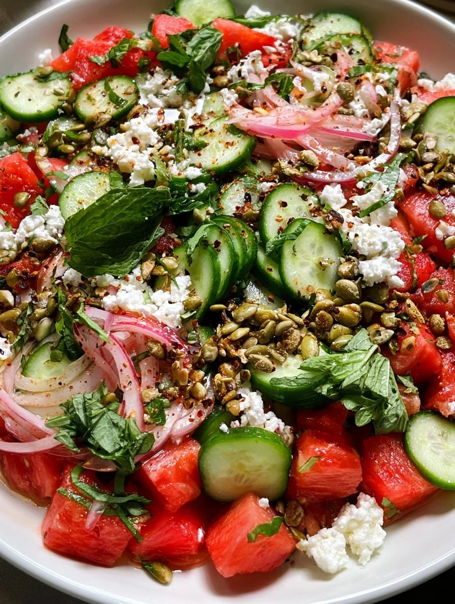 A vibrant Watermelon-Cucumber Salad topped with Tajín and pepitas in a bowl.