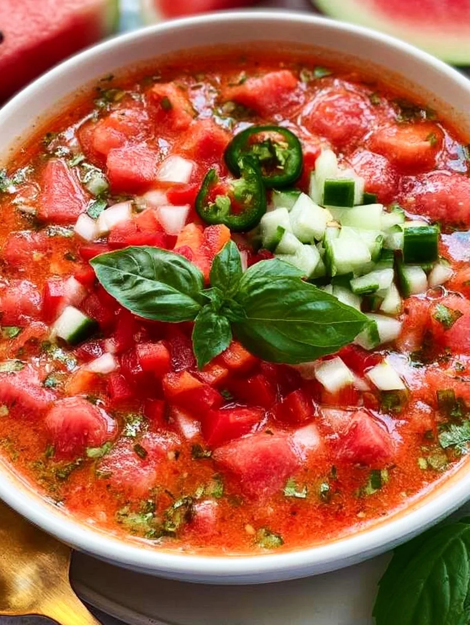 Bowl of refreshing Watermelon Gazpacho garnished with mint leaves