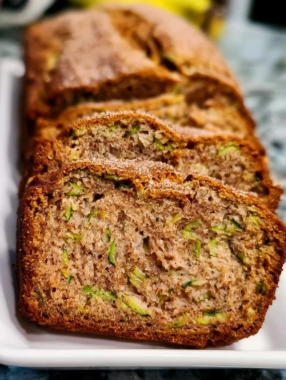 Delicious slice of zucchini banana bread topped with nuts and chocolate chips