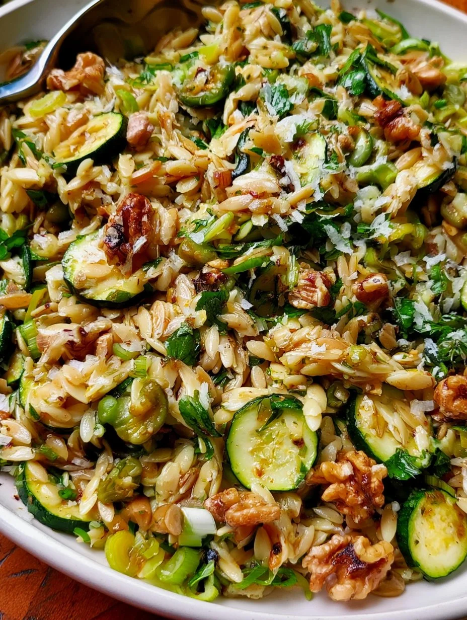 Zucchini Orzo Salad with Pepperoncini Dressing served in a bowl