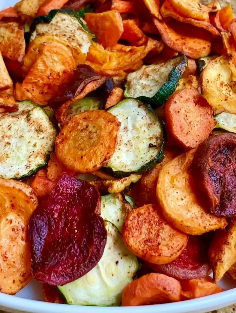 Crispy air fryer veggie chips made from fresh vegetables