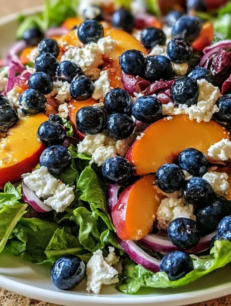 Delicious Blueberry Peach Feta Salad with vibrant fruits and feta cheese.