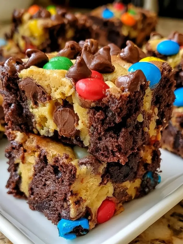 Delicious homemade cookie dough brownies stacked on a plate