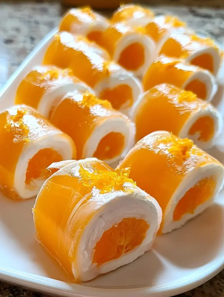 Creamsicle vodka jello rollups on a platter ready for a party
