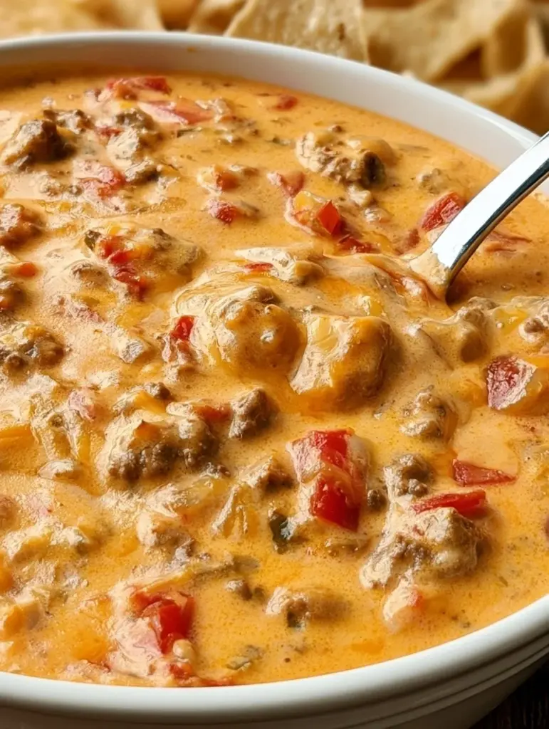 Creamy Rotel dip served with tortilla chips for a savory snack.