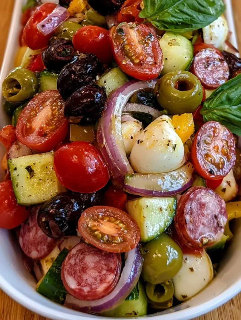 Colorful Easy Antipasto Salad with meats, cheeses, and fresh vegetables in a bowl.