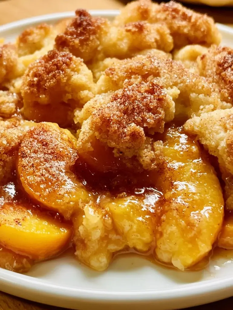 Delicious easy fresh peach cobbler served in a baking dish