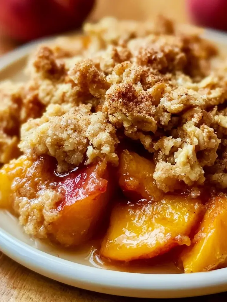 Delicious easy no-peel fresh peach crisp dessert topped with golden oats