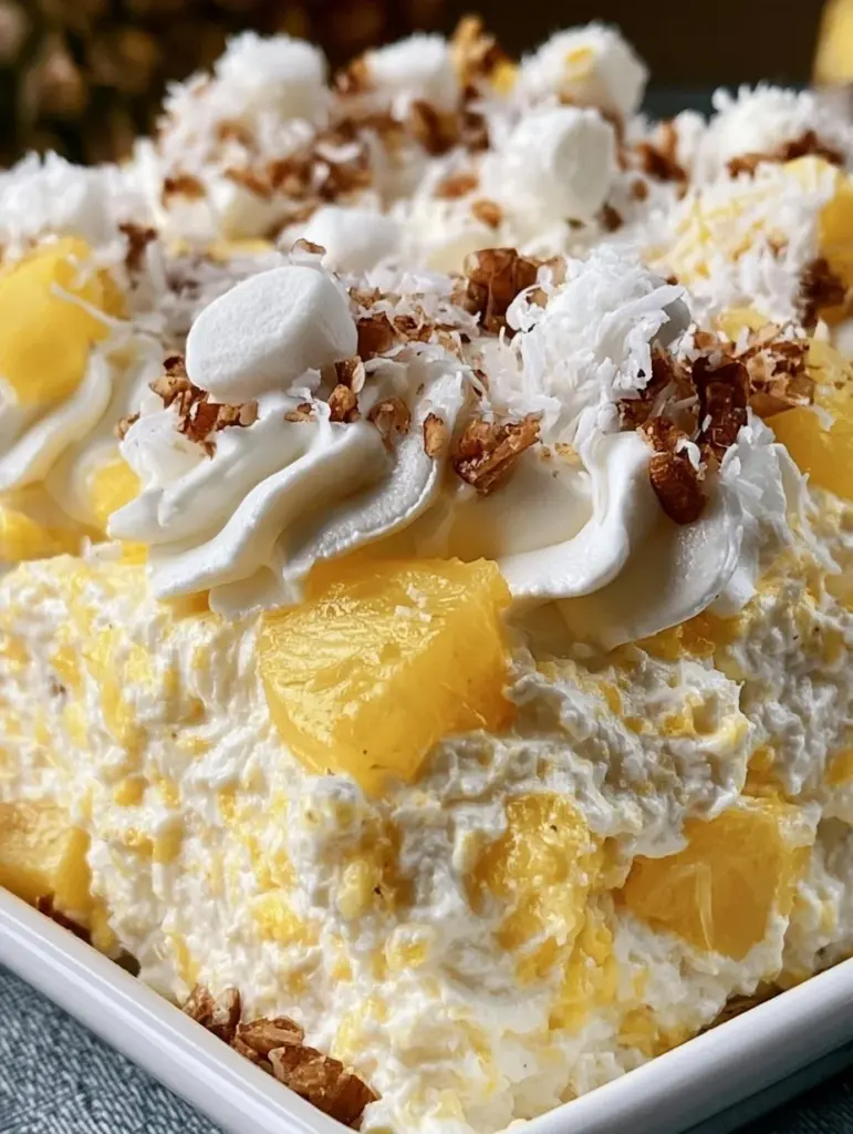 Delicious Pineapple Cheesecake Fluff served in a bowl with fruit garnish.