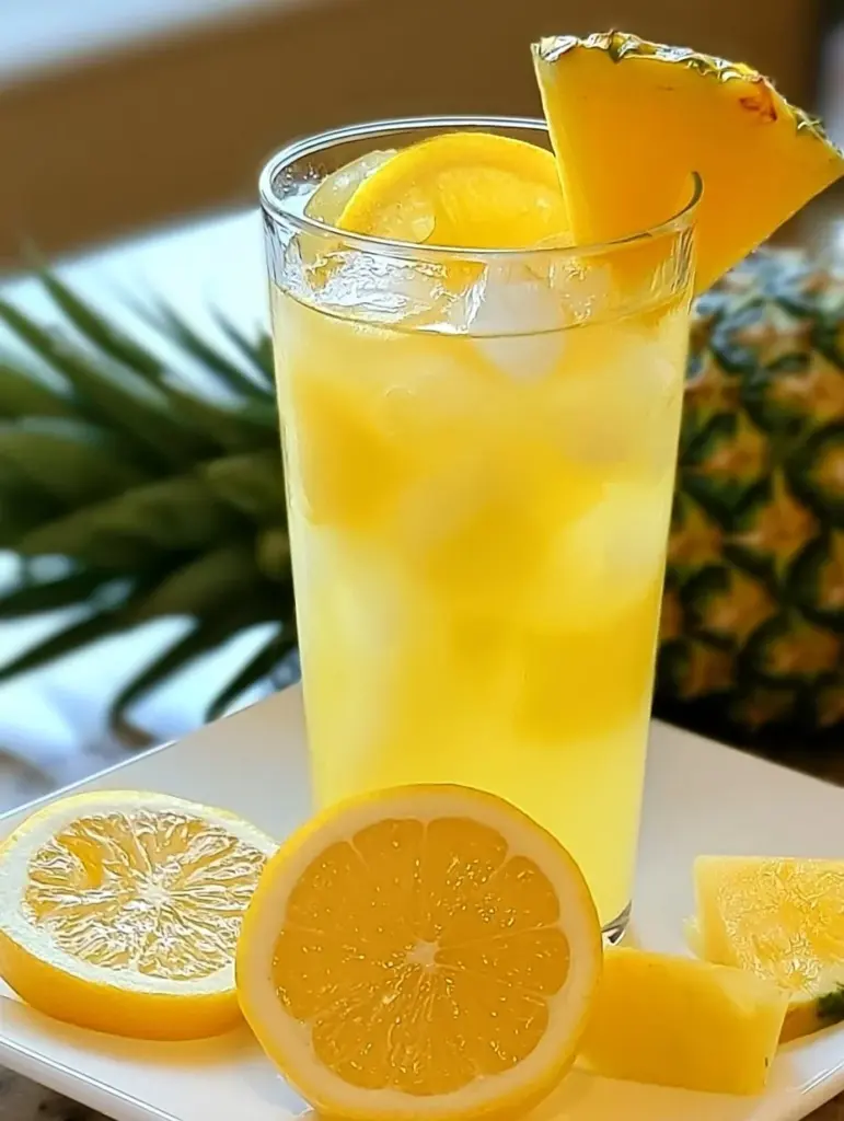 A glass of refreshing Pineapple Lemonade garnished with a slice of pineapple