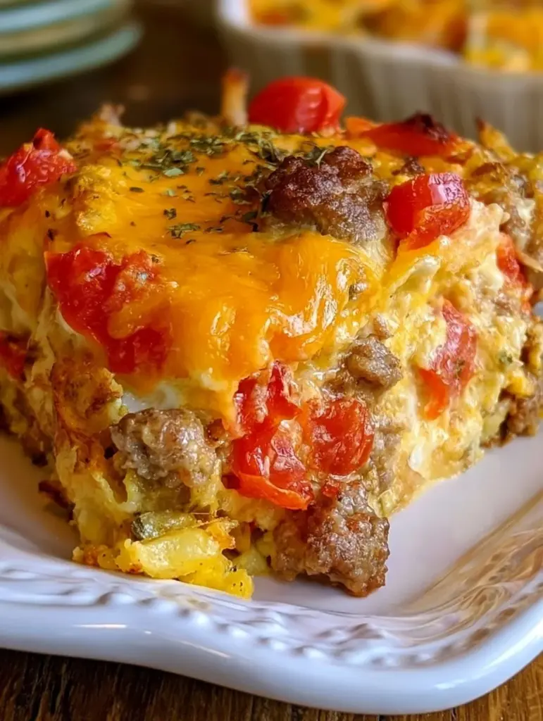 Delicious Rotel Sausage Cream Cheese Hash Brown Breakfast Casserole on a plate