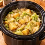 Slow cooker filled with buttered cabbage, potatoes, and onions