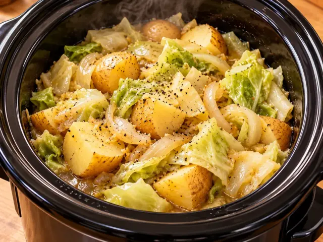 Slow cooker filled with buttered cabbage, potatoes, and onions