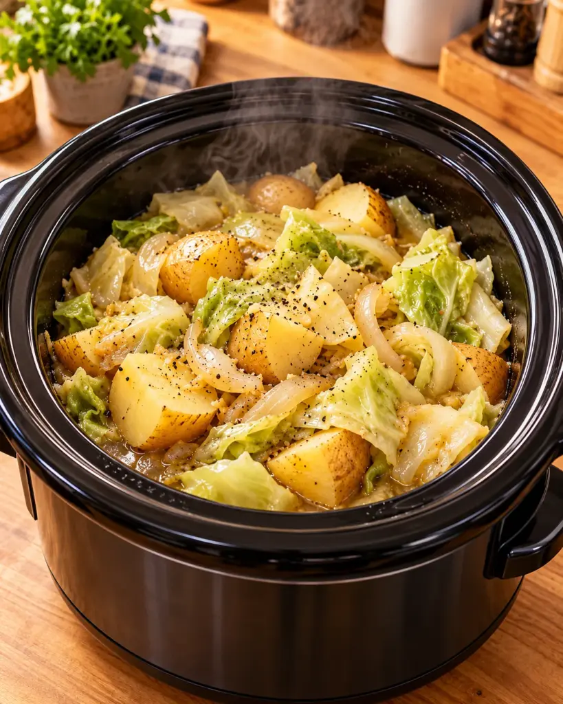 Slow cooker filled with buttered cabbage, potatoes, and onions