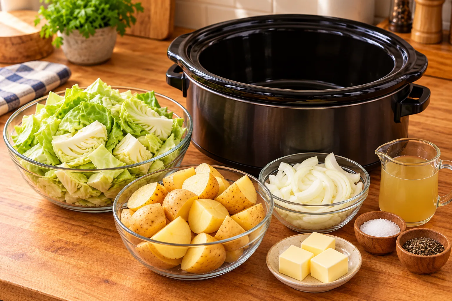 Cabbage, potatoes, onion, butter, and broth beside a slow cooker
