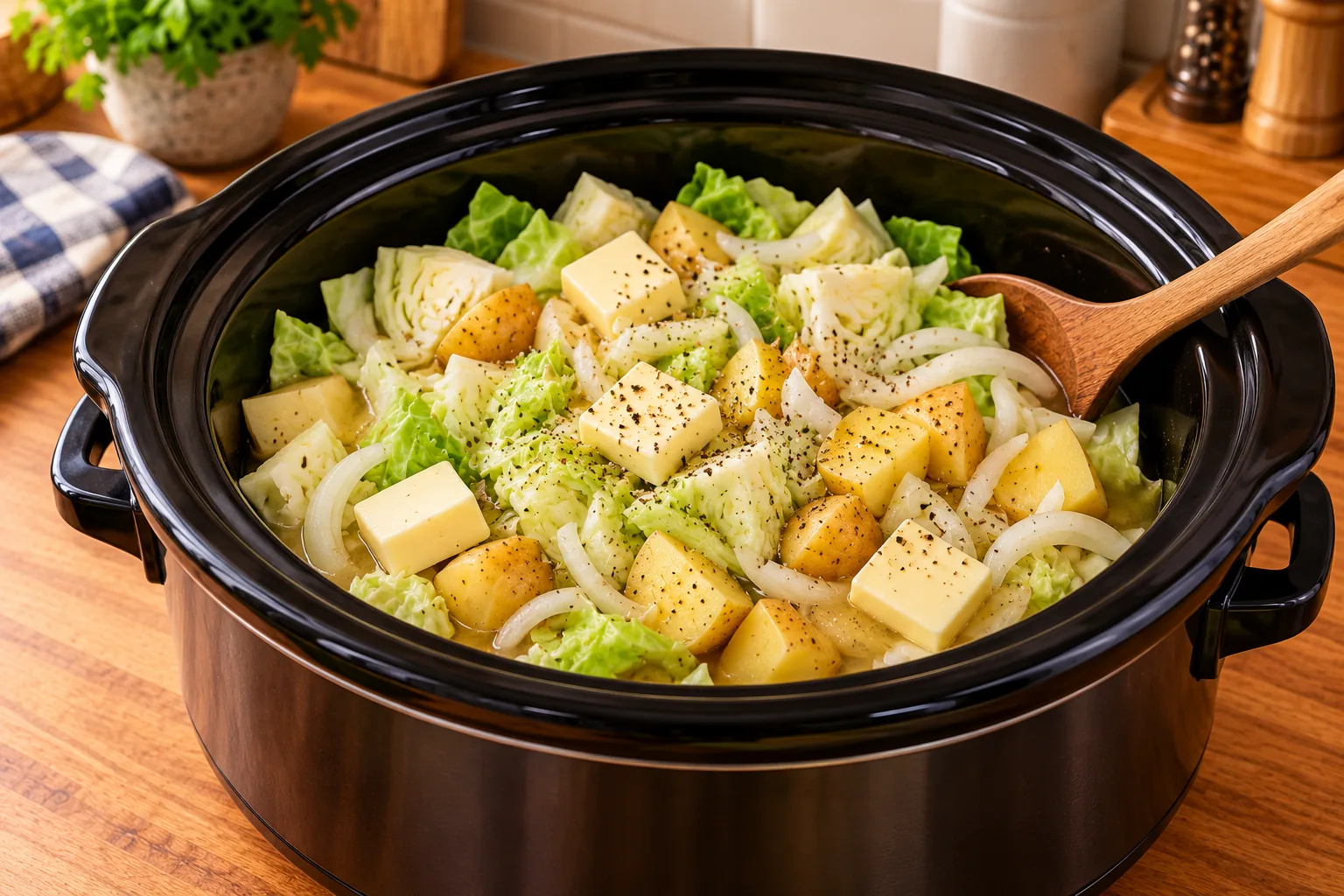 Uncooked cabbage and potatoes with butter in a slow cooker