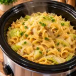 Buttery cabbage and wide noodles in a black slow cooker