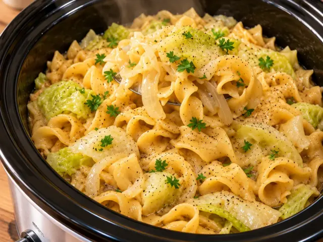 Buttery cabbage and wide noodles in a black slow cooker