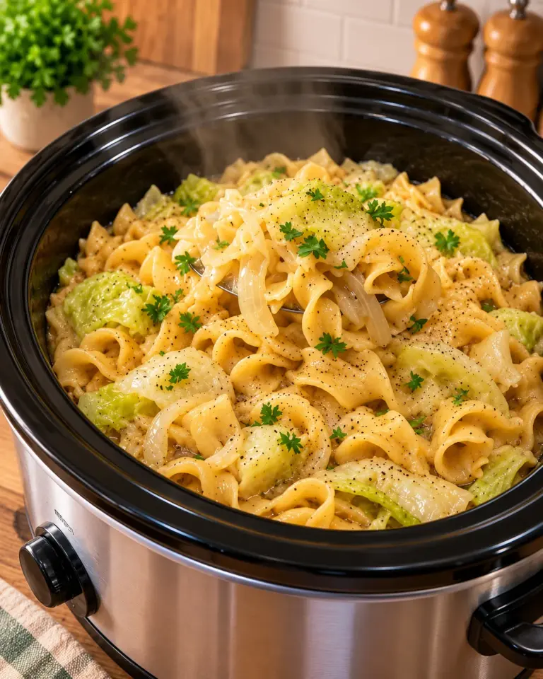 Buttery cabbage and wide noodles in a black slow cooker