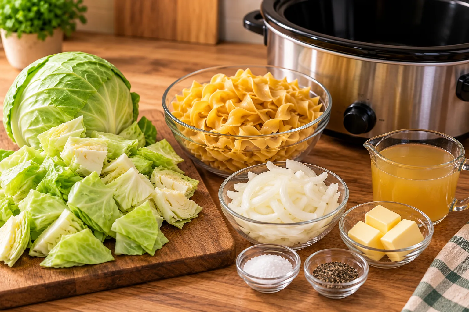 Cabbage, wide egg noodles, onion, butter and optional broth beside a slow cooker