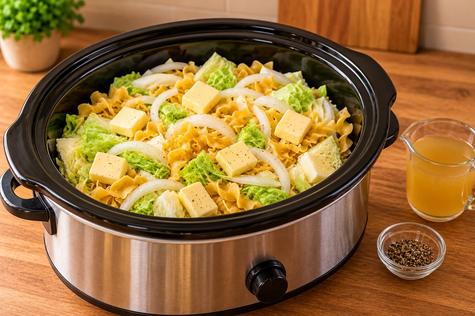 Cabbage, noodles, onion and butter layered in an open slow cooker before cooking