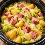 Slow cooker cabbage, potatoes, onions, and cubed ham in broth