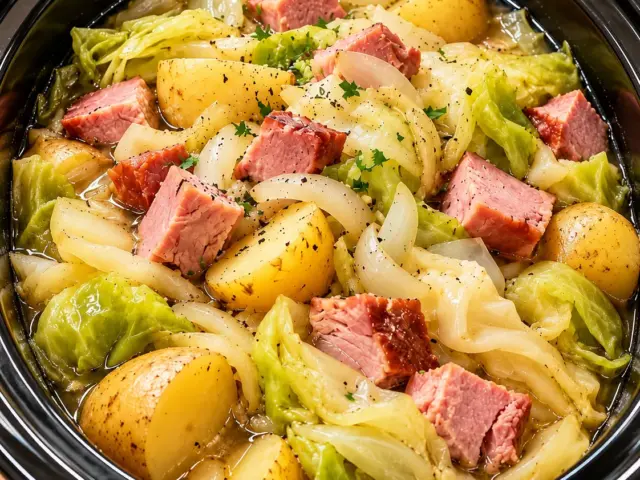 Slow cooker cabbage, potatoes, onions, and cubed ham in broth