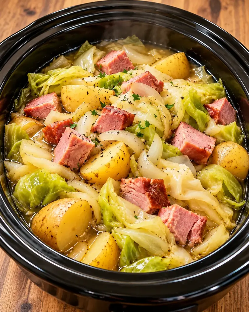 Slow cooker cabbage, potatoes, onions, and cubed ham in broth