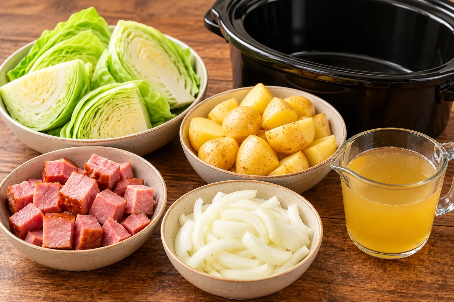 Cabbage, potatoes, ham, onion, and chicken broth for slow cooker cabbage and ham