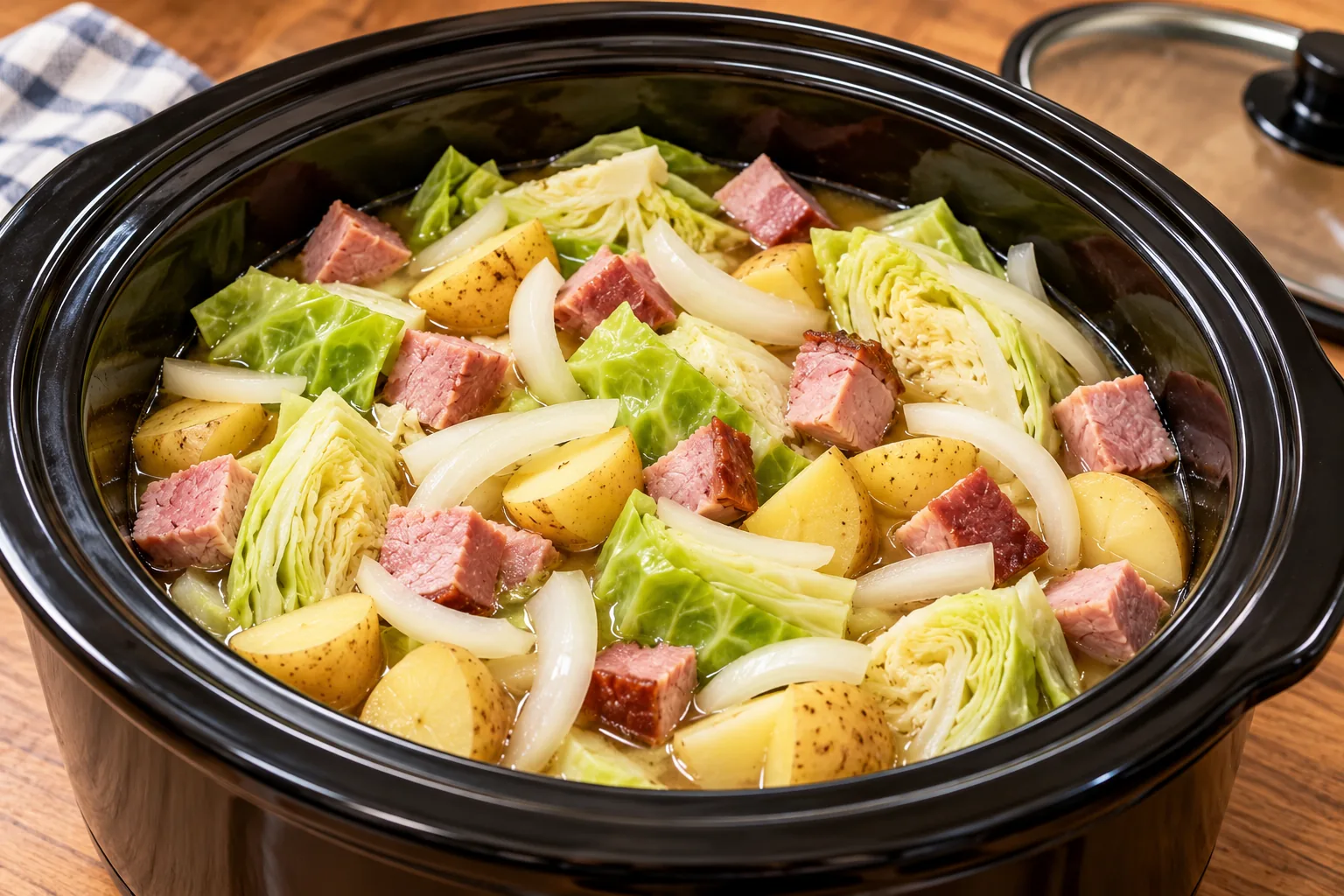 Uncooked cabbage, potatoes, ham, onion, and broth layered in a slow cooker