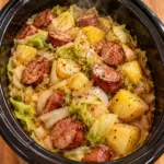 Slow cooker filled with smoked sausage, cabbage, potatoes, and onions in broth
