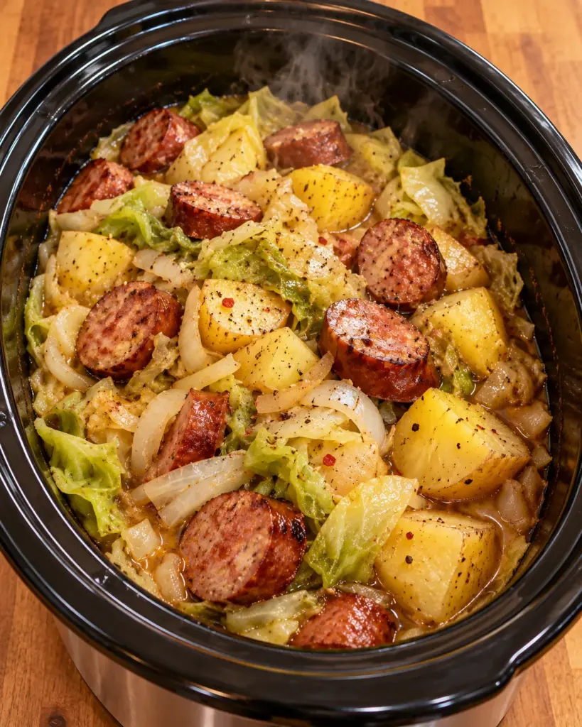 Slow cooker filled with smoked sausage, cabbage, potatoes, and onions in broth