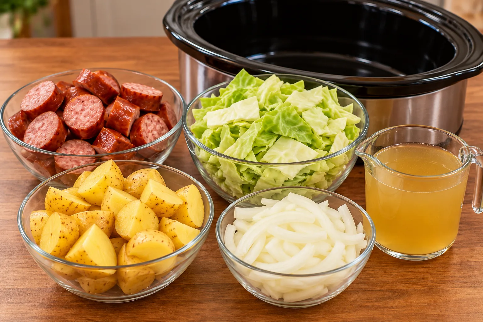 Sausage, cabbage, potatoes, onion, and chicken broth for a slow cooker meal