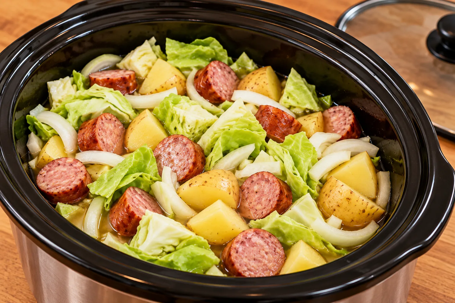 Uncooked sausage, cabbage, potatoes, onion, and broth assembled in a slow cooker