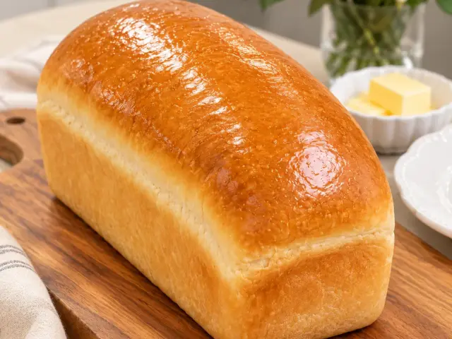 Classic Homemade White Bread with a golden butter-brushed crust, shown whole on a wooden board