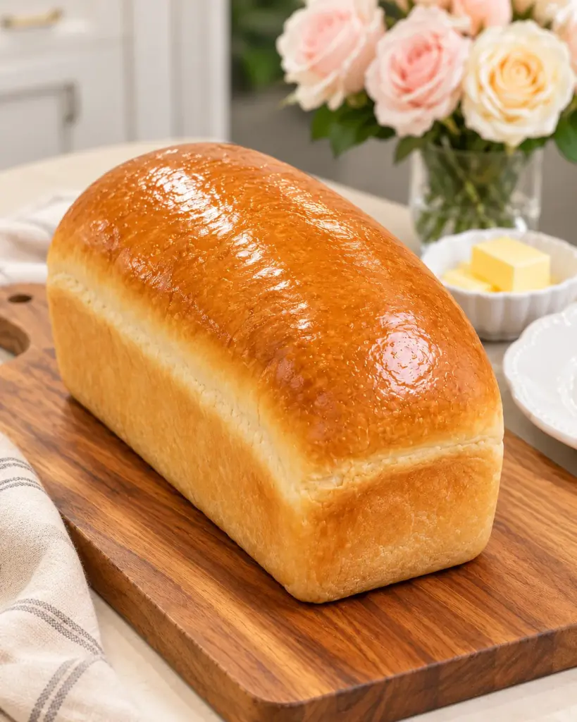 Classic Homemade White Bread with a golden butter-brushed crust, shown whole on a wooden board