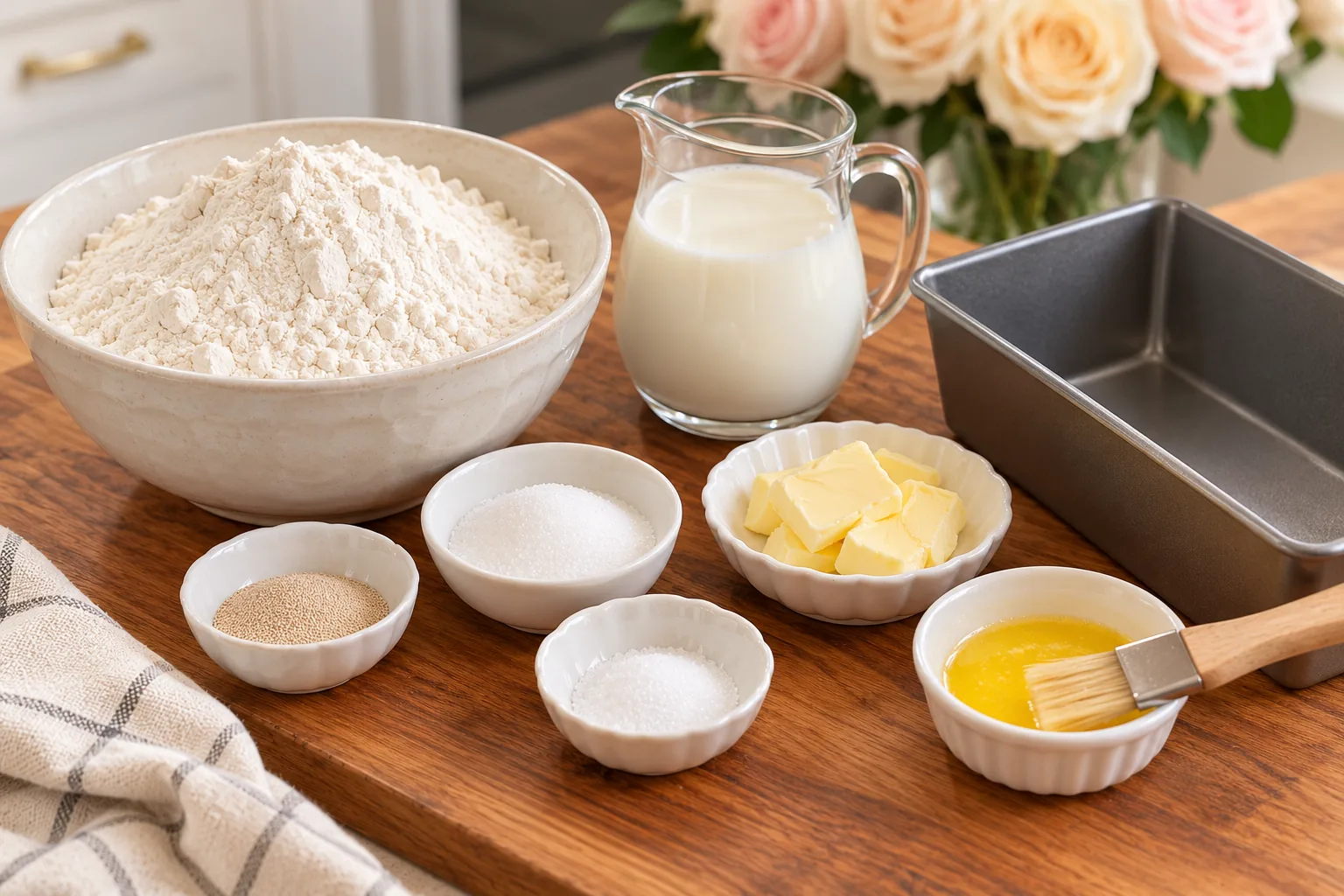 Bread flour, milk, instant yeast, sugar, salt, softened butter, and melted finishing butter beside a loaf pan