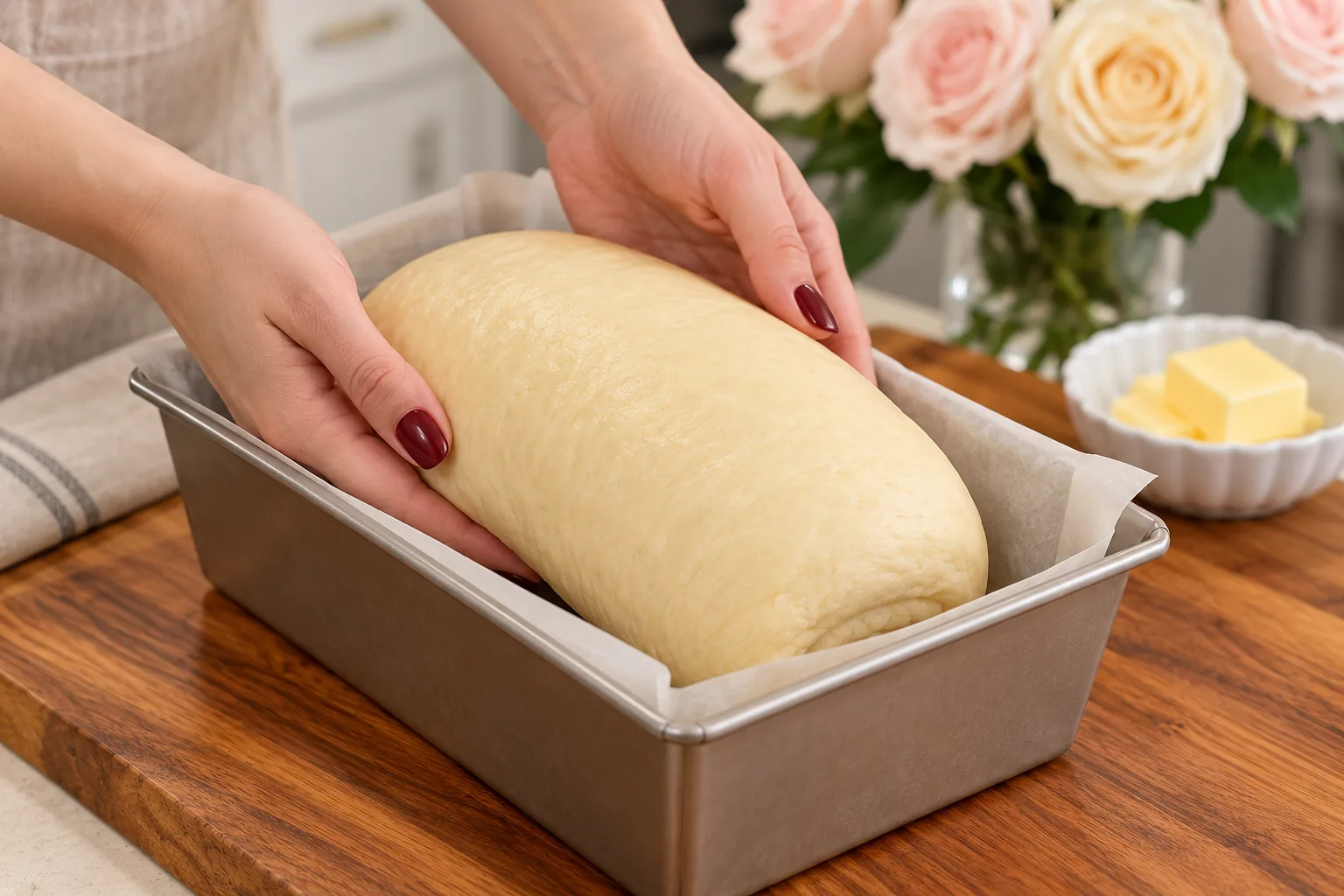 Hands placing a smooth shaped white bread dough log seam-side down in a parchment-lined loaf pan