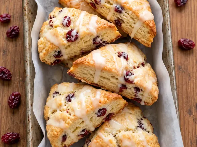 Cranberry scones with vanilla cream glaze in a baking tray