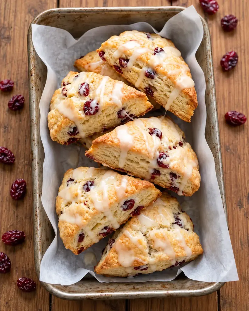 Cranberry scones with vanilla cream glaze in a baking tray