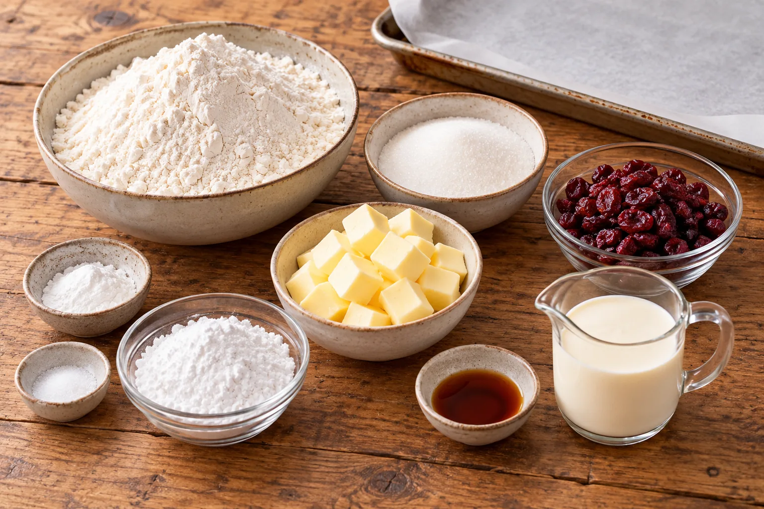 Ingredients for cranberry vanilla cream scones on a wood table